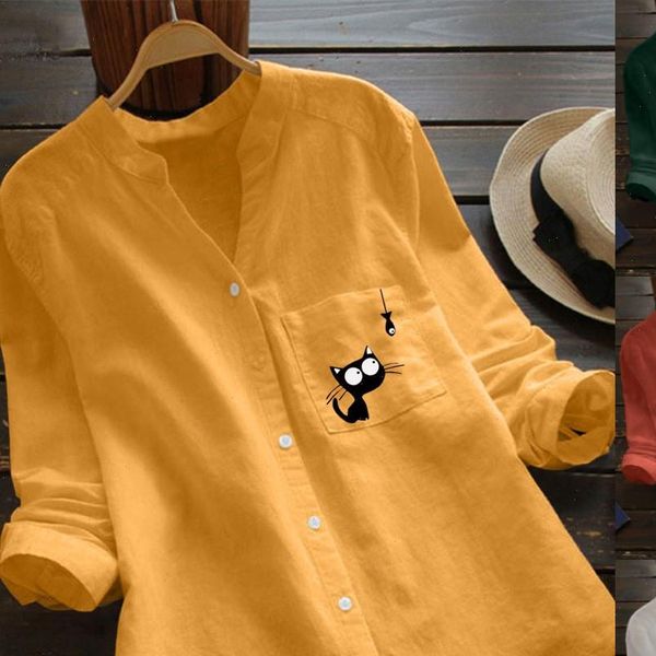 

womens shirts cotton linen blouse women shirt casual cartoon printed long sleeve button z4, White