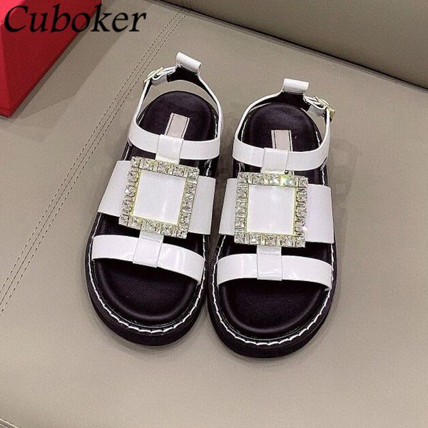 

official website 70% off outlet brand designer women flat with sandals square rhinestone genuine leather slides female gladiator buckle stra, Black