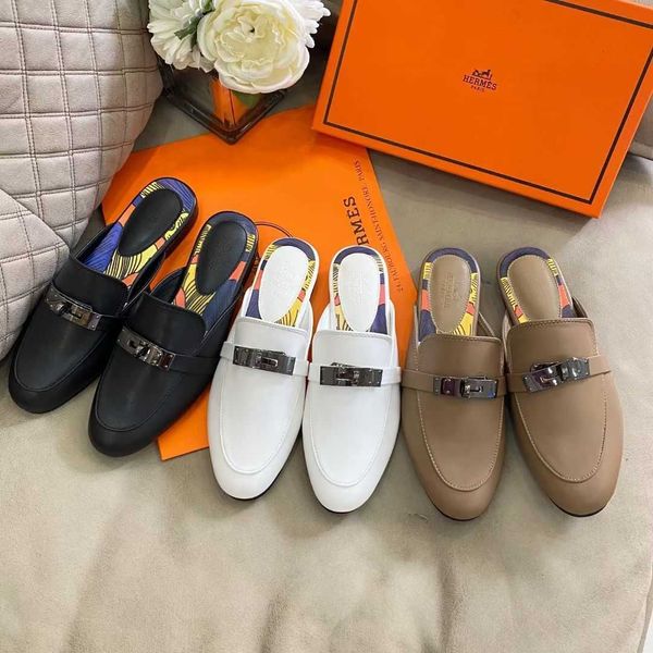 

kelly button half slippers 2021new home h leather versatile muller shoes zlh, Black