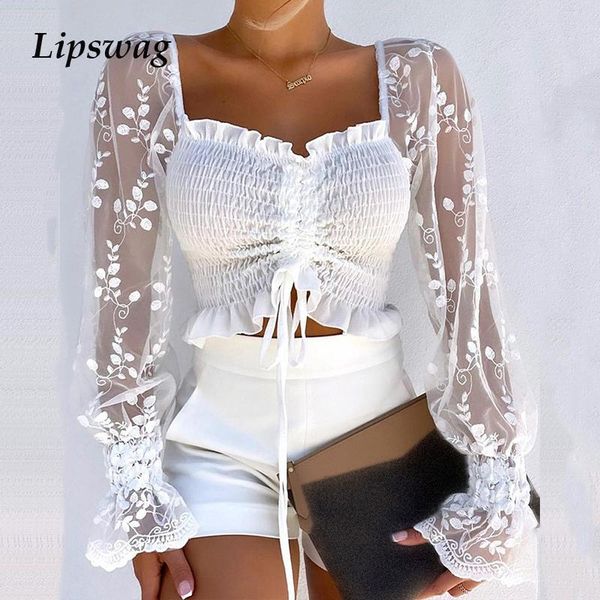 

women's blouses & shirts see through mesh slim women elegant off shoulder drawstring blouse ladies fashion chic blusa femmal mujer, White