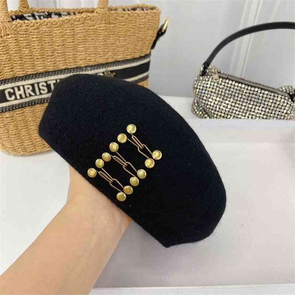

design heavy industry autumn and winter wool beret female metal nail buckle british painter hat 70% off, Blue;gray