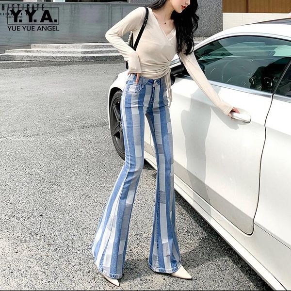 

fashion splice striped flare jeans women spring autumn office denim trousers slim vintage bell-bottom pants female streetwear women's, Blue