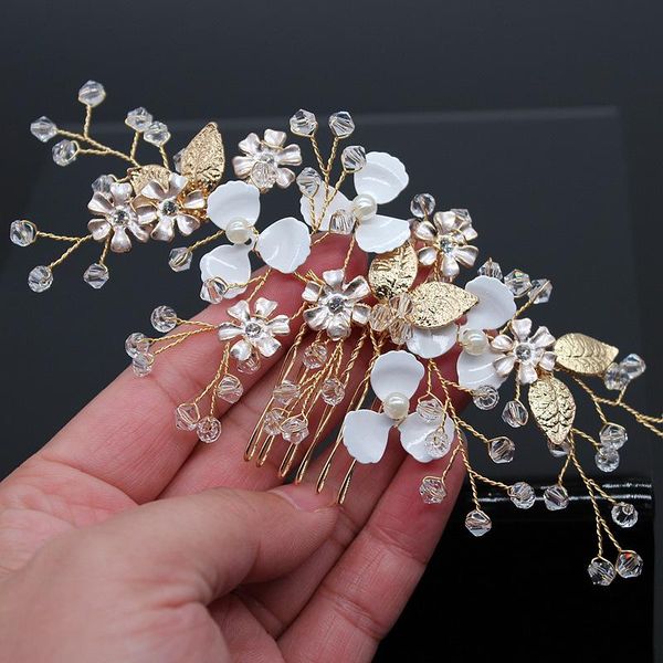 

hair clips & barrettes white ceramic flower comb bridal crown pearls jewelry handmade wedding headpiece fashion women hairpiece, Golden;silver