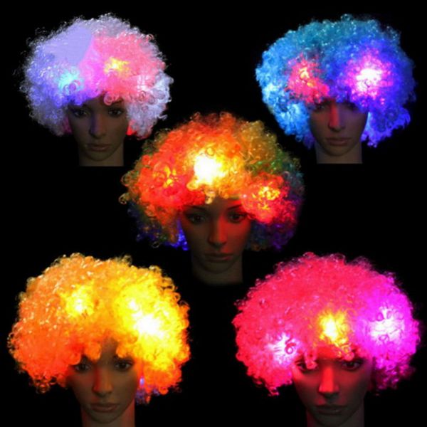 2021 Красочный клоун косплей волнистый светодиодный свет, мигающий парик, забавные фанаты цирк Хэллоуин карнавальный сияние припасы вечеринки