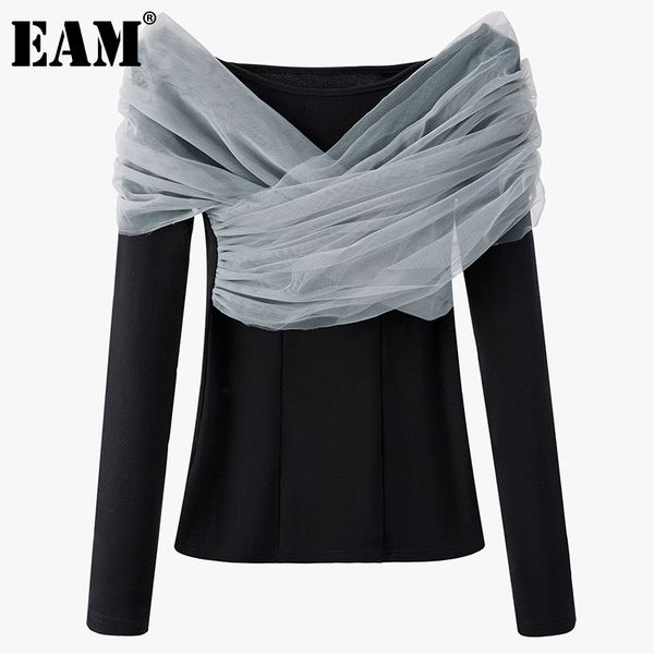 

[eam] women black gray mesh cross spliced slim t-shirt slash neck long sleeve fashion spring autumn 1dd6351 21512, White