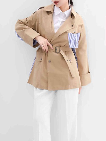

women's jackets [eam] loose fit back striped big size khaki jacket lapel long sleeve women coat fashion spring autumn 2022 wj0850 p9h6, Black;brown