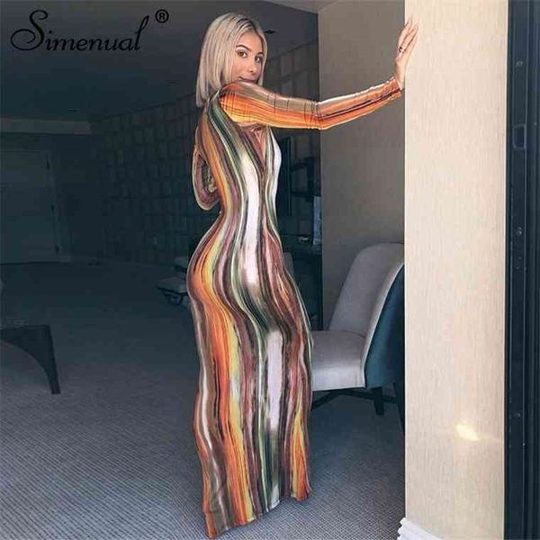 

simenual printed v neck women party dress long sleeve fashion 2021 spring skinny bodycon clubwear slim maxi dresses, Black;gray