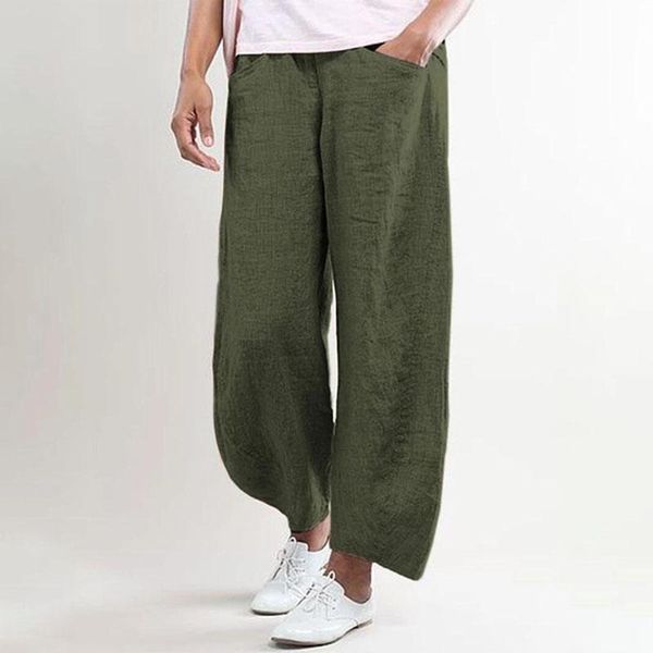 

women's pants & capris loose wide leg vintage ladies elastic waist casual ankle length trousers summer women linen plus size y, Black;white
