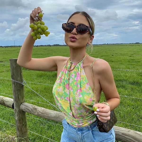 

women's tanks & camis floral print v neck women crop halter backless bandage summer 2021 y2k sleeveless tank casual, White