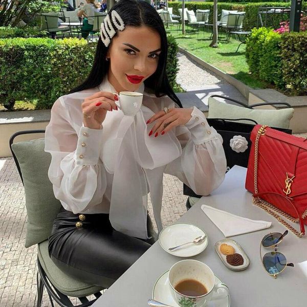 

women's blouses & shirts 2021 fashion sweet women tulle sheer tee casual mesh puff sleeve bowknot blouse slim club party bow neck clot, White