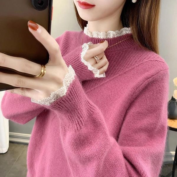 

women's sweaters 2021 sheep wool autumn and winter high-neck lace patchwork knitted clothing, White;black