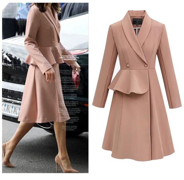 

women's trench coats elegant notched collar women knee-length solid color ladies medium long wind, Tan;black