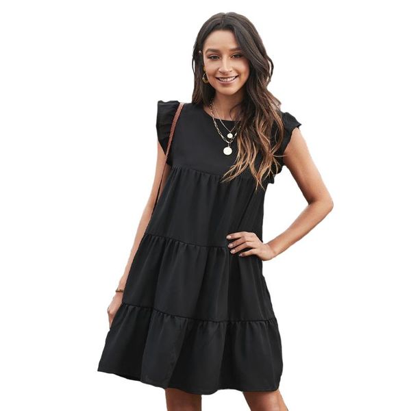

casual dresses summer butterfly short sleeve mini dress elegant ruffles solid women party female fashion o neck vestidos, Black;gray