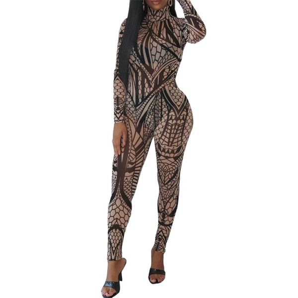 

women black sheer mesh print jumpsuit lace long sleeves turtleneck see-through slim romper autumn playsuit women's jumpsuits & rompers, Black;white