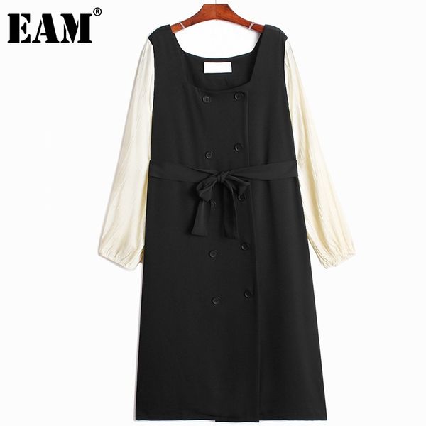 

[eam] women black big size spliced sashes dress square neck long sleeve loose fit fashion spring autumn 1dd8260 210512, Black;gray