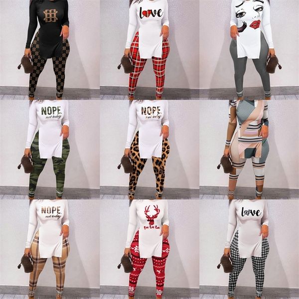 

2022 designer women t shirt two piece pants set valentine day personalized letter printed split long sleeve leggings outfits, White
