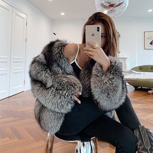 

women's fur & faux 2021 real silver jacket women v-neck coat black whole skin winter thick soft warm