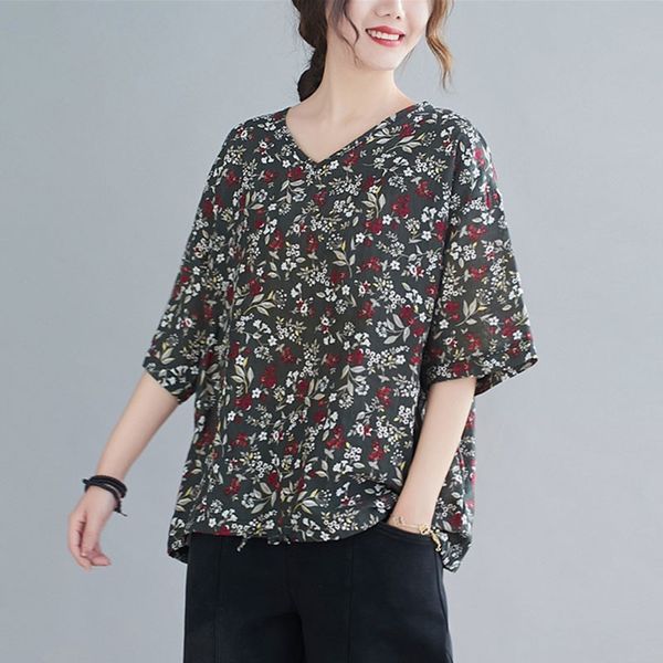 

women cotton linen casual t-shirts new arrival summer vintage style v-neck floral print loose female tees s3656 210412, White