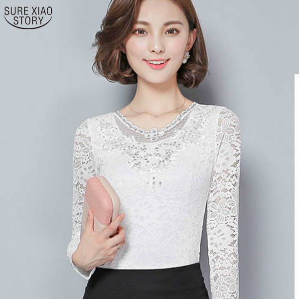 

spring and autumn arrival fashion korean long sleeve women lace blouse female slim elegant diamond 18e 30 210521, White