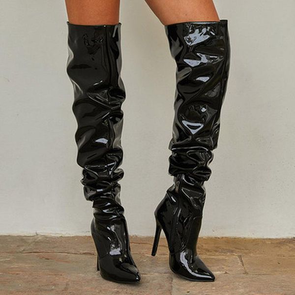 

boots siddons thigh high female winter black leather gothic shoes woman pointed toe heels women's over the knee