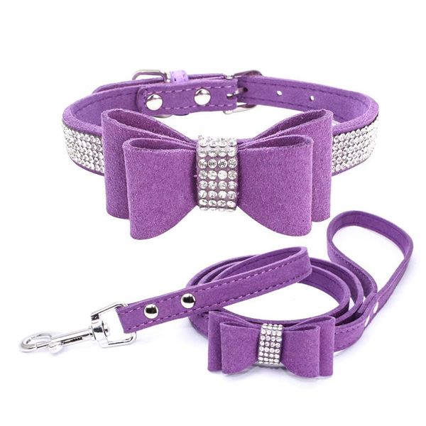 

dog collars & leashes adjustable puppy pet collar leash soft shining diamond bowknot rope small medium dogs walking