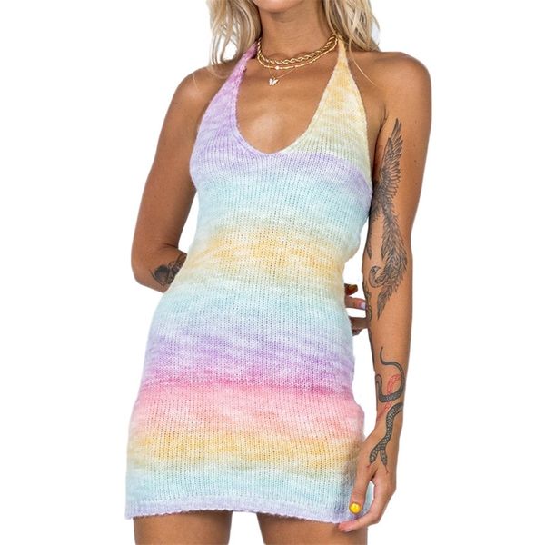 

print knitted sling dress women summer bandage halter backless slim rainbow mini dresses female lr1230 210531, Black;gray
