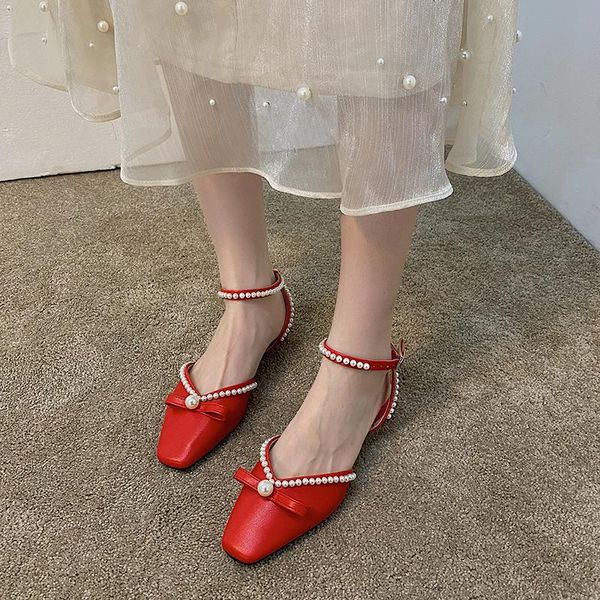 

women sandal low heel pearl bow hollow button sandals summer buckle strap for girls square toe lady shoes, Black