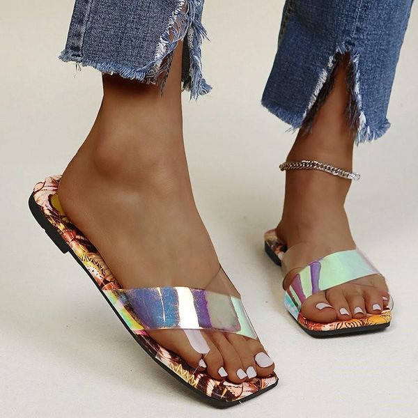 

slippers 2021 summer women flower print fashion transparent flat sandals light non slip ladies outdoor beach, Black