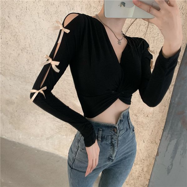 

women's tracksuits spring and autumn cross v-neck long-sleeved female sleeves hollow bow tie t-shirt short on9p, Gray