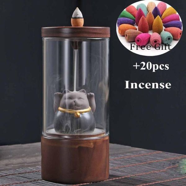 

fragrance lamps the lucky cat backflow incense burner with glass cover for sticks censer buddhist home decor ceramic base