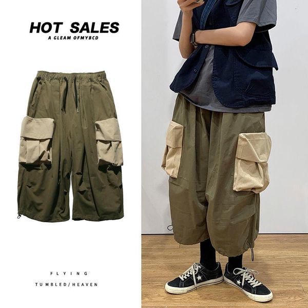 

summer cotton wide-leg pants men's fashion retro pocket casual men streetwear korean loose hip-hop straight mens, Black