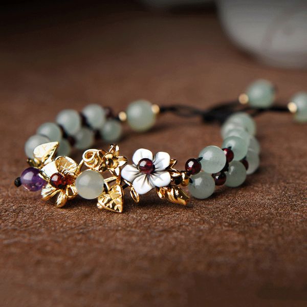 

natural jade beads bracelets bangle for women hand braided vintage punk inspirational flowers bracelets with garnet, Golden;silver