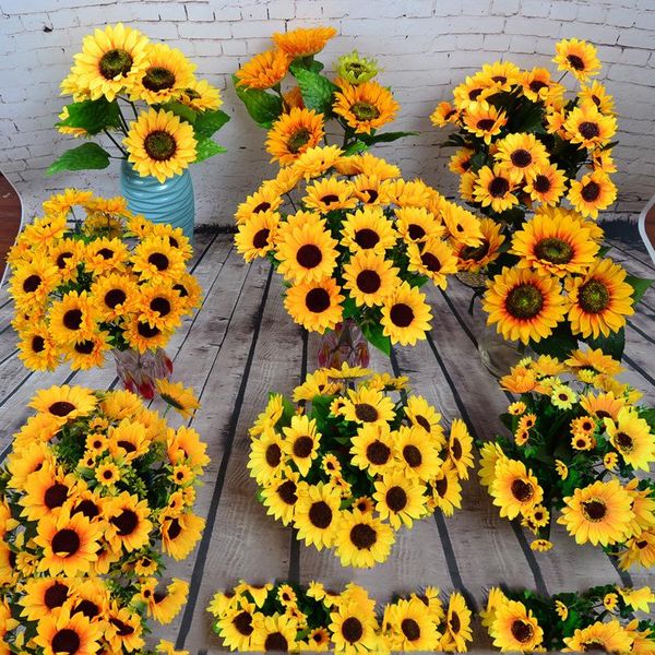 

autumn yellow sunflower silk artificial flowers bouquet for wedding home decorations office party garden decor decorative & wreaths