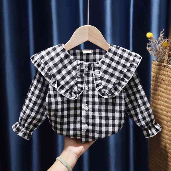 

little girls blouse cotton shirts long sleeve plaid shirt spring autumn long sleeve turn-down collar baby toddler, White;black