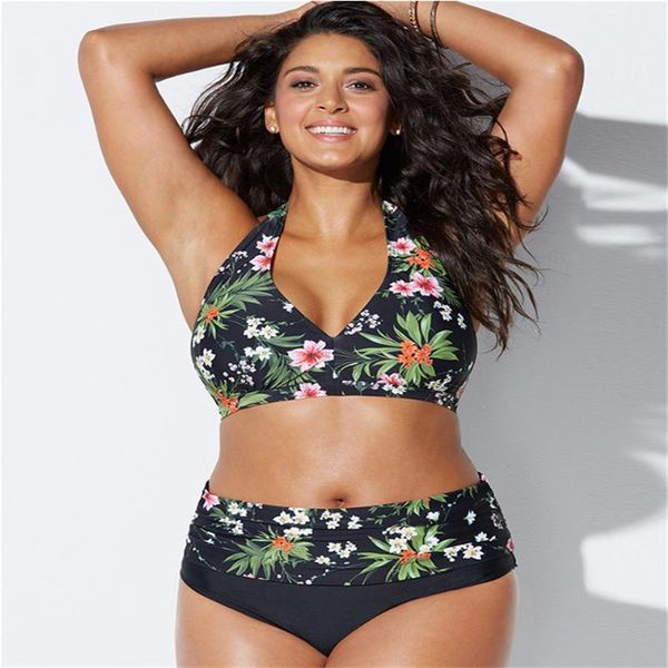 

one-piece suits plus size bikini set 2021 printed floral high waist split retro halter neck cross bathing suit women