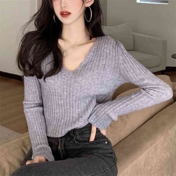 

female pullover thin autumn winter long-sleeved v-neck bottoming sweater korean slim short knitted 210514, White;black