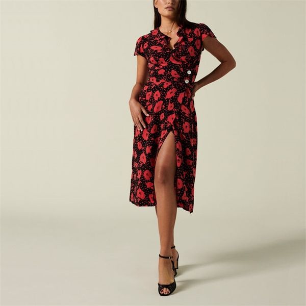 

summer women's dress casual printed v-neck short-sleeved ruffled decorative slim vestidos 210430, Black;gray
