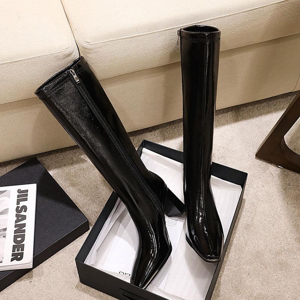 

boots 2021 ins luxury women beige block high heels thigh winter patent leather knee riding designer shoes, Black