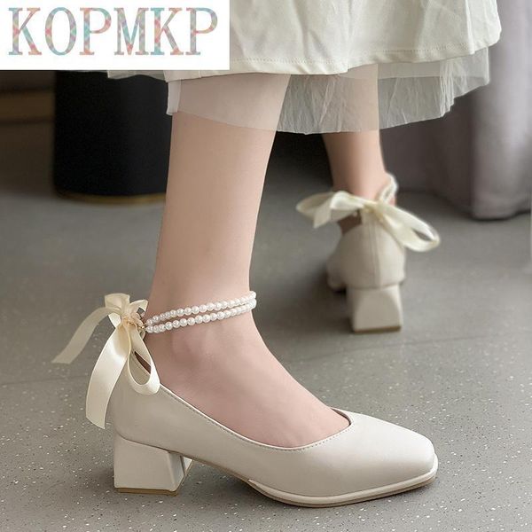 

dress shoes 2021 ladies high heels pearls women square toe ankle buckle strap bowknot party pumps zapatos de mujer plataforma, Black
