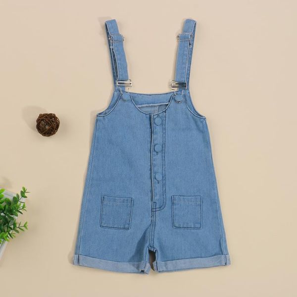 

jumpsuits fashion girls suspender shorts summer casual style toddlers solid color pocket decoration button overalls jumpsuit, Blue