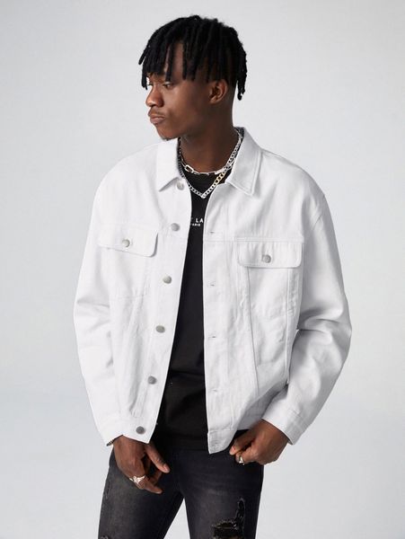 

men flap pocket drop shoulder denim jacket o518#, Blue