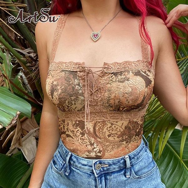 

women's tanks & camis lace up patchwork print cropped tank women summer grunge sleeveless cami tees vintage fashion asnve8344, White