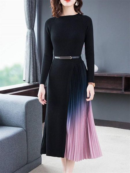 

casual dresses dress female autumn and winter 2021 fashion temperament slim contrast color stitching long sleeve knit pleated f2751, Black;gray