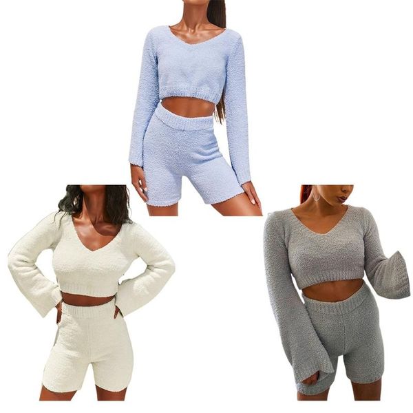 

women's sweaters women fuzzy plush warm sweater outfits flare long sleeve crop bodycon shorts bx0b, White;black