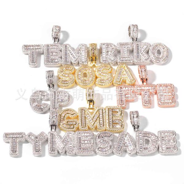 Hip Hop Nome personalizzato Baguette Lettere Hip Hop Ciondolo ghiacciato con catena da tennis Oro Argento Bling Zirconia Uomo Ms Charm Gift X0509