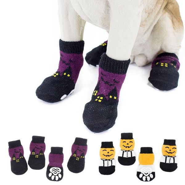 

dog apparel 4pcs/set pets cute non-skid knitted cotton socks for small dogs funny halloween printed walk pet costume accessories