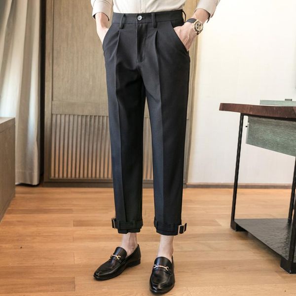 

men business casual solid color suit pant male streetwear ankle-length trousers adjustable hem fashion pleated zipper k73 men's pants, Black