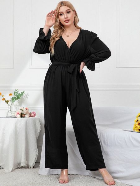 

plus surplice neck flounce sleeve belted jumpsuit e3bv#, Black