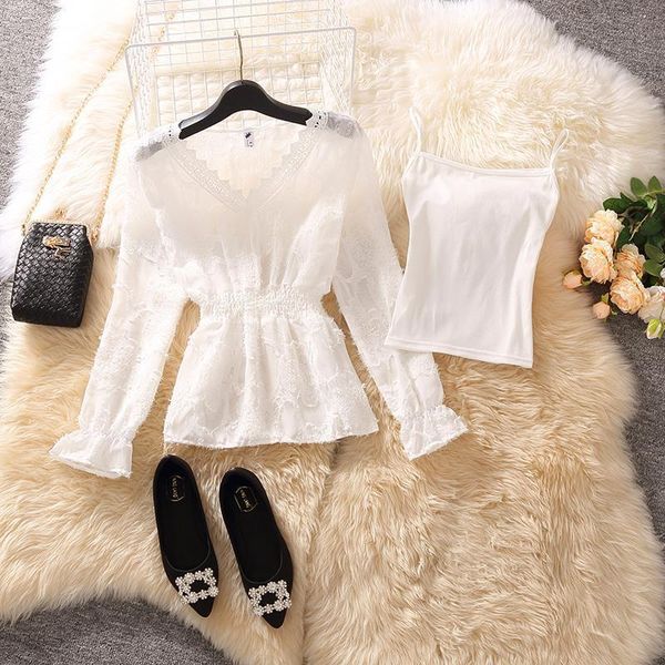 

women's blouses & shirts [suspenders] autumn lace shirt v-neck long sleeve chiffon two-piece sling blouse women blusas ropa de muje, White