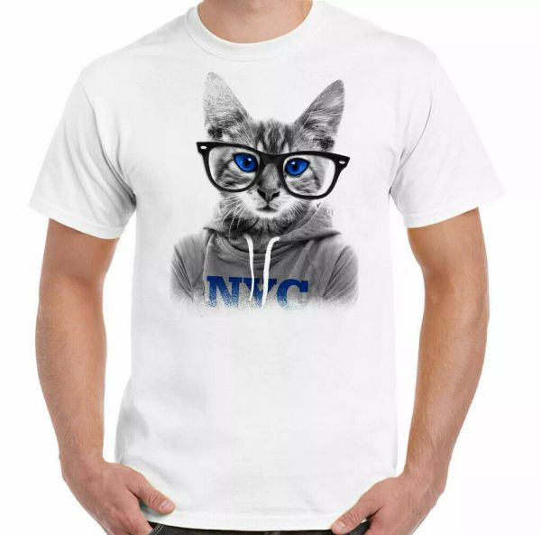 

cat t-shirt nyc man fun kitten pet animal feline geek nerd top, White;black